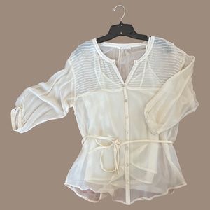 BUTTON FRONT SEMI SHEER LONG SLEEVE BLOUSE